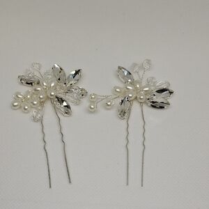 Floral Flower Silver Tone White Faux Pearl 3.5" Hair Pins Set of 2